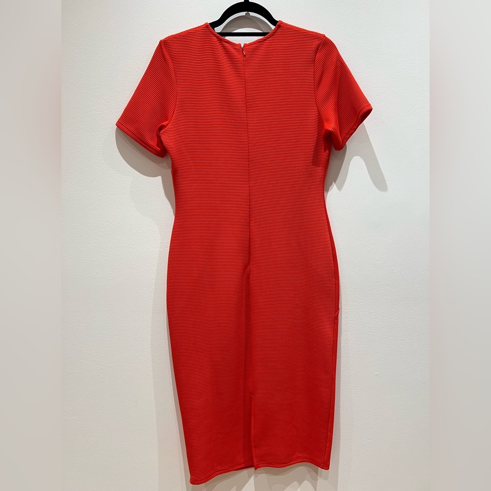 Red Ribbed Pencil Dress with Corset Seam Details - Picture 2 of 3